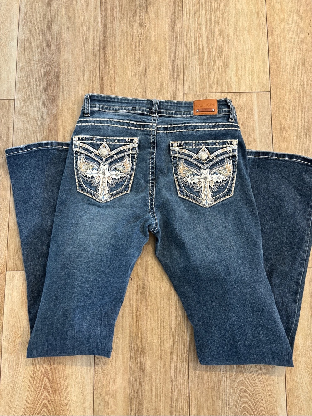Embellished Dark Blue Boot Cut Jeans with Decorative Back Pockets
